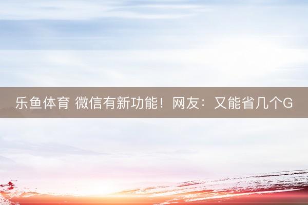 乐鱼体育 微信有新功能！网友：又能省几个G